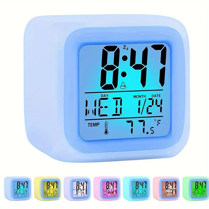 Réveil Silencieux LED 7 Couleurs – Veilleuse et Thermomètre Intégré