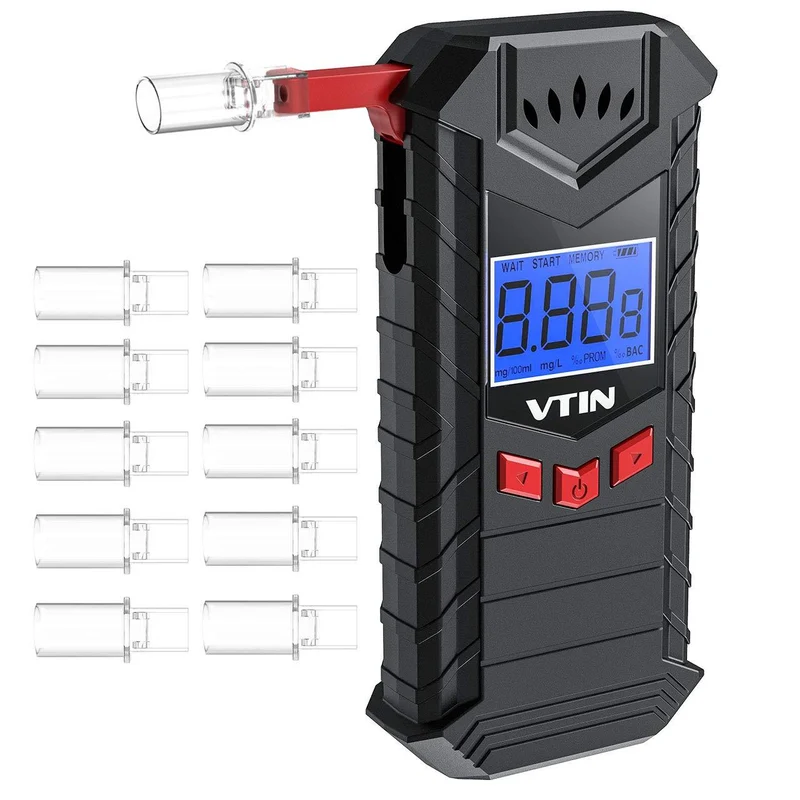 vtin Alkoholtester Wiederaufladbarer mit Faltbarer Blasmund, Tragbar Halbleiter Sensor Atemalkoholmessgerät mit 10 Mundstücke, Hohe Präzision Alkomat LCD Anzeige Promilletester Alkoholmessgeräte