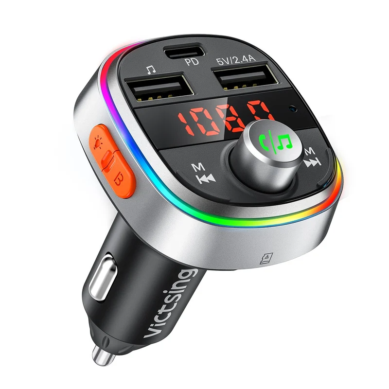 【Graves Profundos Sonido】Transmisor FM Bluetooth para Coche VicTsing, Bluetooth Coche Mechero con PD3.0 18W Carga Rápida, Llamadas Manos Libres, LED 7 Colores, 3 Puertos USB, Soporte U-Disk/Tarjeta TF