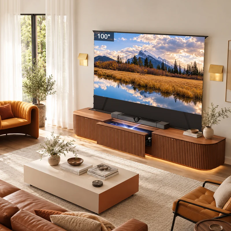 NothingProjector Milo Solid Wood Motorized Laser TV Cabinet for UST Projectors (Pre-Assembled)