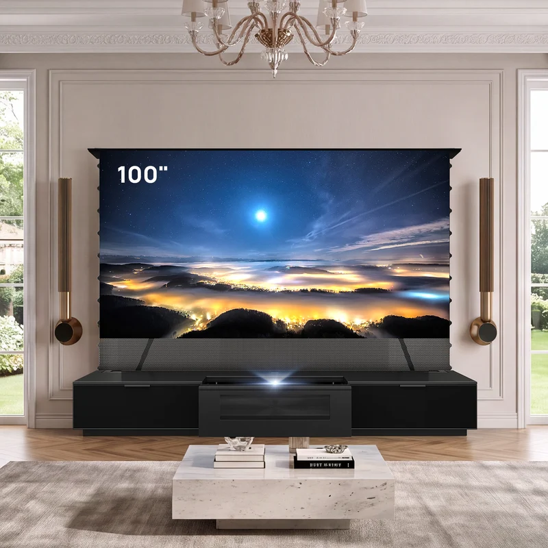 NothingProjector Berlin Motorized Laser TV Cabinet with Glass Doors for UST Projector (Pre-Assembled)
