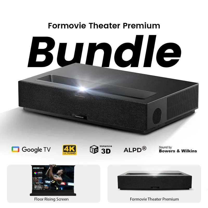 (Bundle) Formovie Theater Premium Triple Laser 4K TV Ultra Short Throw Projector + Black Series Motorized ALR Projector Screen