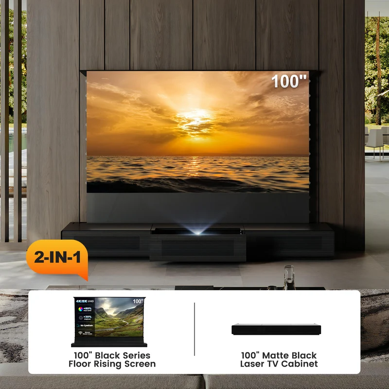 Shore UST Projector Matte Cabinet + Black Series Motorized Floor Rising Screen Bundle (Pre-Assembled）