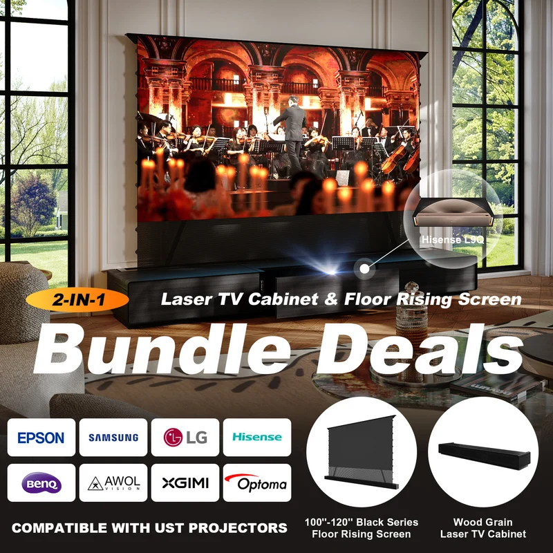 Shore Wood Grain UST Projector Cabinet + Black Series Motorized Floor Rising Screen Bundle (Cabinet Pre-Assembled）