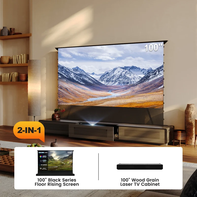 Shore Wood Grain UST Projector Cabinet + Black Series Motorized Floor Rising Screen Bundle (Cabinet Pre-Assembled）
