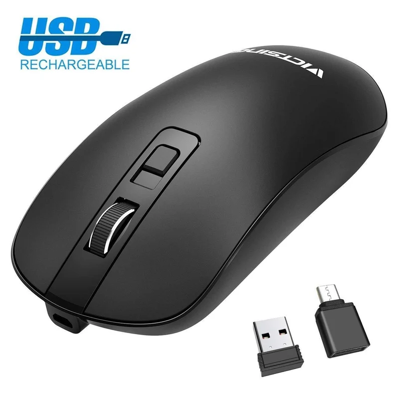 VicTsing Kabellose Maus Wiederaufladbar, 2.4G Leise Funkmaus mit USB-C-Adapter, Einstellbare DPI (800/1200/1600), Tragebare USB Maus mit Nano Empfänger für PC Laptop Windows Microsoft Pro, Schwarz