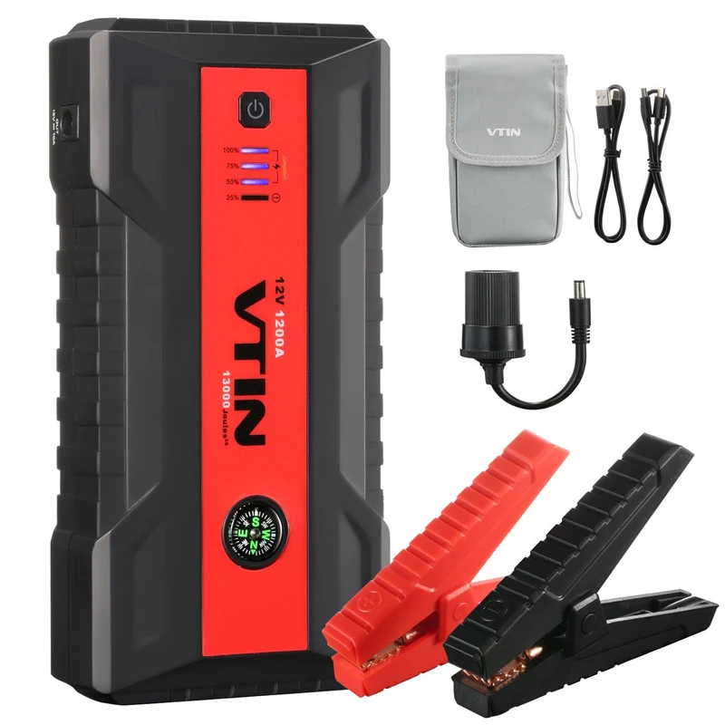 VTIN Car Jump Starter, 1200A Current Portable Auto Battery Booster Pack Charger with Smart Clamps, 4pcs Upgraded Electronic Chips (Up to 8L Gasoline 6L Diesel Engines), 4 Output Charging Ports/Type-c/Quick Charge 3.0, Emergency LED Flashlight