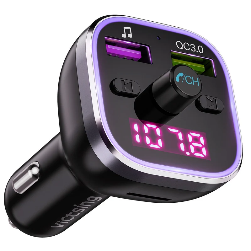 VicTsing Transmetteur FM Bluetooth, QC3.0 Adaptateur Bluetooth Voiture Double USB pour Chargeur Rapide, Bluetooth V5.0 sans Fil avec Appel Main Libre, Support