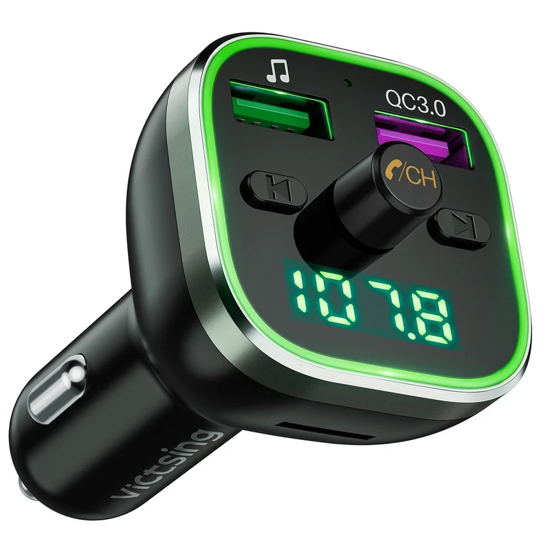 VicTsing Transmetteur FM Bluetooth, QC3.0 Adaptateur Bluetooth Voiture Double USB pour Chargeur Rapide, Bluetooth V5.0 sans Fil avec Appel Main Libre, Support