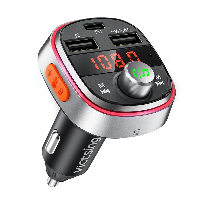 VicTsing Transmetteur FM Bluetooth, Musique Deep Bass & 3 USB Ports 18W Adaptateur Radio Inclus PD3.0 Type C, 7 Couleurs Lumière Ambiante, Kit Main Libre Voiture Bluetooth, Soutien Carte TF/Clé USB Rouge