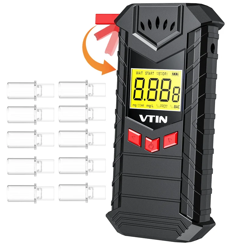 vtin Alkoholtester Wiederaufladbarer mit Faltbarer Blasmund, Tragbar Halbleiter Sensor Atemalkoholmessgerät mit 10 Mundstücke, Hohe Präzision Alkomat LCD Anzeige Promilletester Alkoholmessgeräte