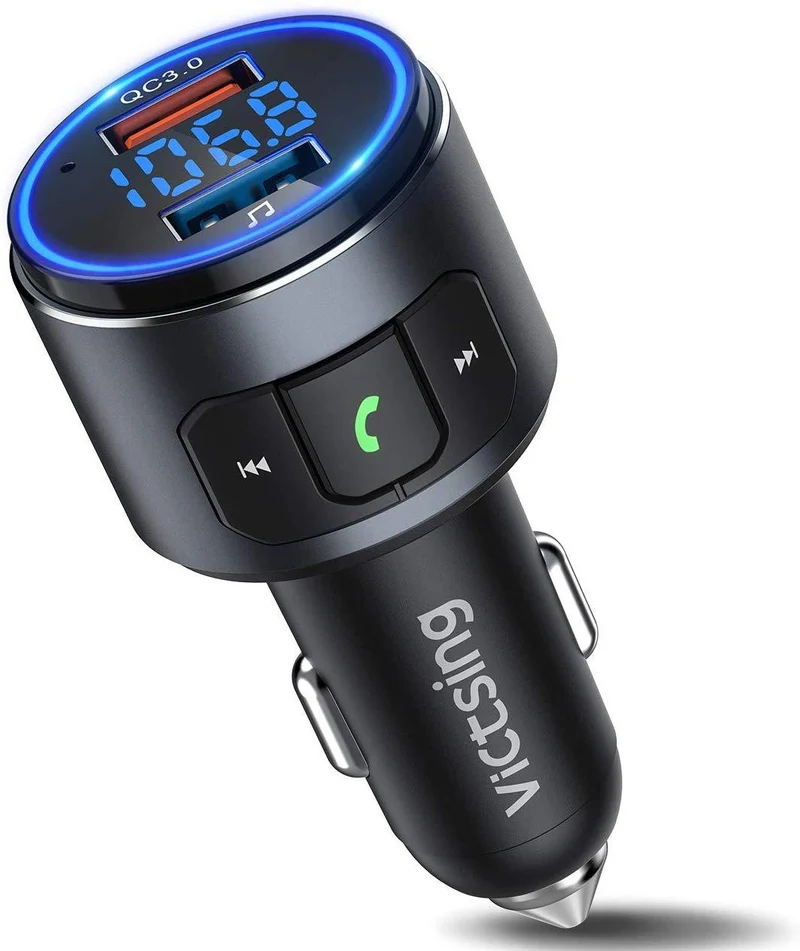 2019版 FMトランスミッター Bluetooth5.0 Siri Voice Assistant 高音質 QC3.0急速充電 車載FMトランスミッター 車載充電器 2ポート 対応 12V-24V車対応 LEDディスプレイ ハンズフリー通話 バッテリー電圧測定 日本語説明書 18ヶ月保証