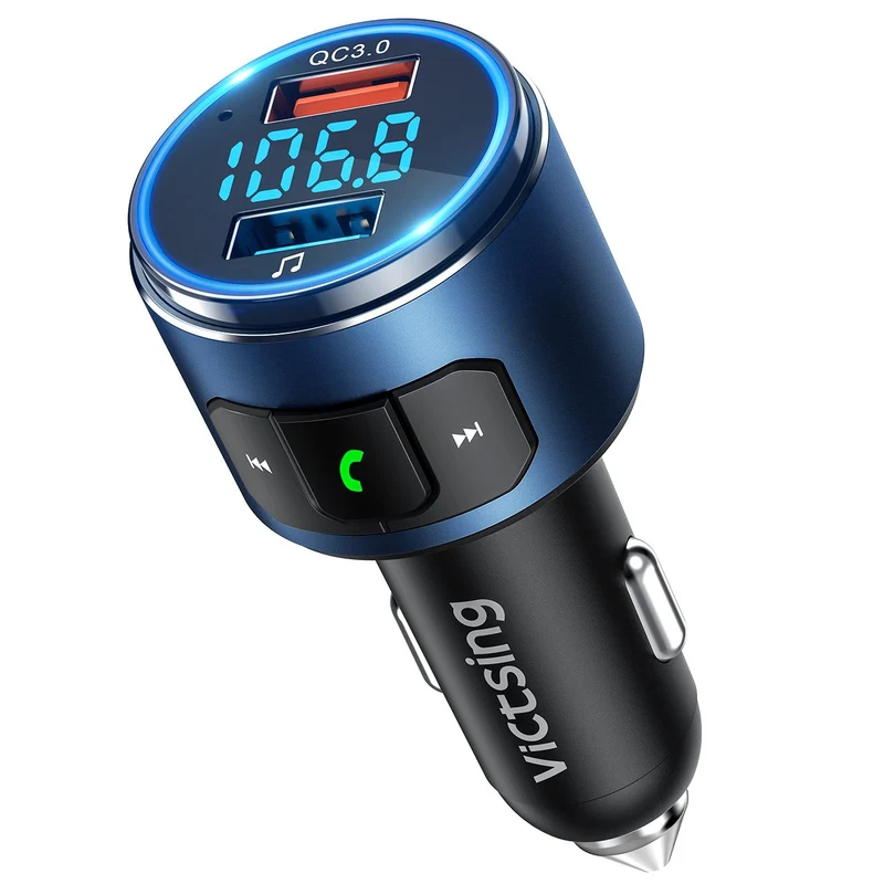 VicTsing FM Transmitter, Bluetooth 5.0, Siri Voice Assistant, QC3.0 Wireless in-Car FM Radio Adapter with LED Backlit, 2 USB Ports, Hi-Fi Music, Hands-free Calling, Support U Disk/Bluetooth Connection, Blue