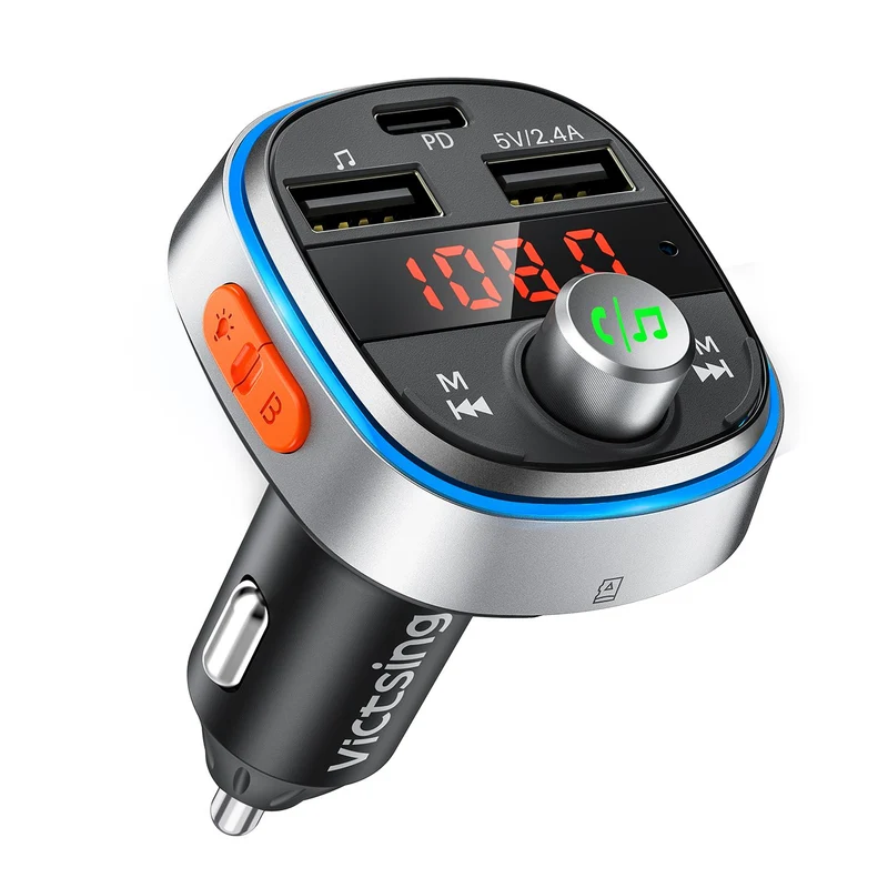 VicTsing Transmetteur FM Bluetooth, Musique Deep Bass & 3 USB Ports 18W Adaptateur Radio Inclus PD3.0 Type C, 7 Couleurs Lumière Ambiante, Kit Main Libre Voiture Bluetooth, Carte TF/Clé USB Cyan