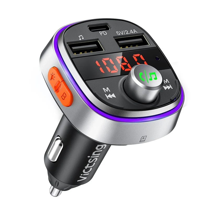 VicTsing Transmetteur FM Bluetooth, Musique Deep Bass & 3 USB Ports 18W Adaptateur Radio Inclus PD3.0 Type C, 7 Couleurs Lumière Ambiante, Kit Main Libre Voiture Bluetooth, Carte TF/Clé USB Pourpre