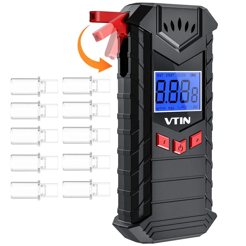 VTIN Alkoholtester Wiederaufladbarer mit Faltbarer Blasmund, Tragbar Halbleiter Sensor Atemalkoholmessgerät mit 10 Mundstücke