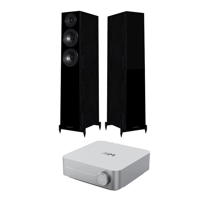Wiim Amp Silver with Wharfedale Diamond 12.3 Floorstanding Speakers Pair Package Black