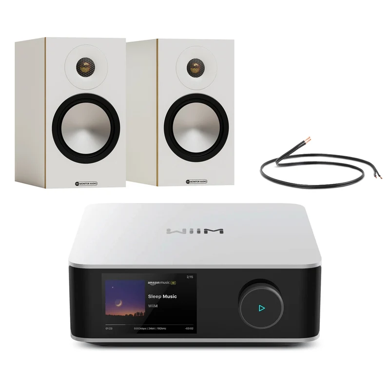 WiiM Amp Ultra Streaming Amplifier Silver with Monitor Audio Bronze 50 7G Bookshelf Speakers White Pair
