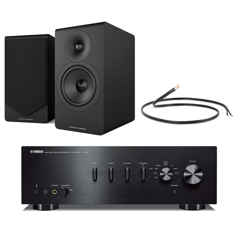 Yamaha AS501 Integrated Stereo Amplifier with Acoustic Energy AE300 MK2 Bookshelf Speakers HiFi Package Black