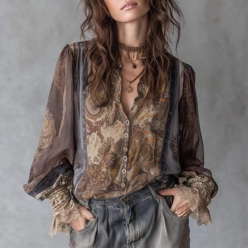 Fleetwood Lace-Cuff Chiffon Blouse