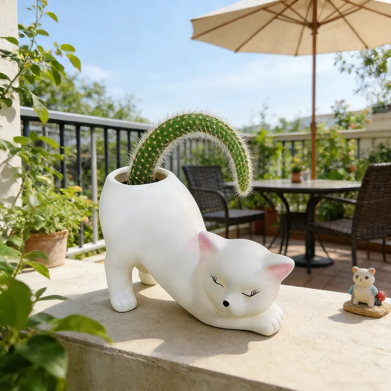 Playful Stretching Cat Planter