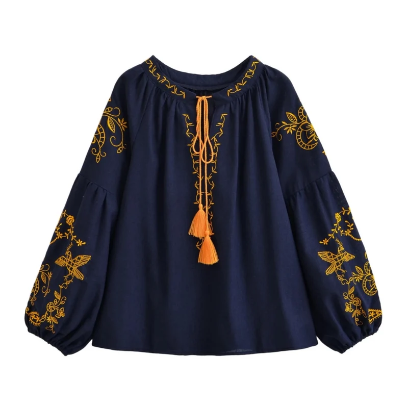 Midnight Marigold Embroidered Blouse