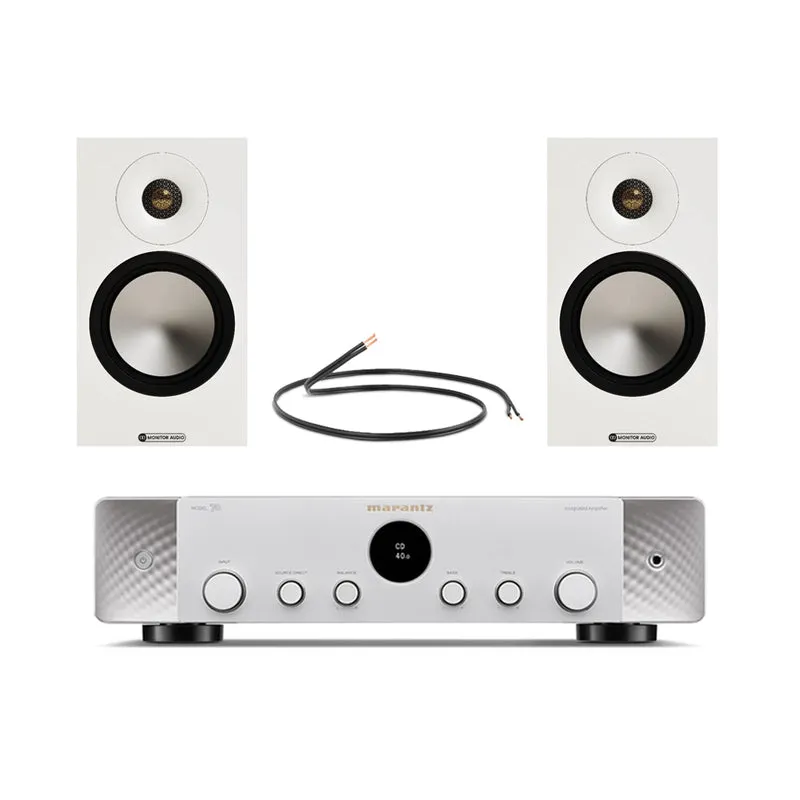 Marantz Model 70 Amplifier Silver with Monitor Audio Bronze 50 7G Bookshelf Speakers Pair White HiFi Package
