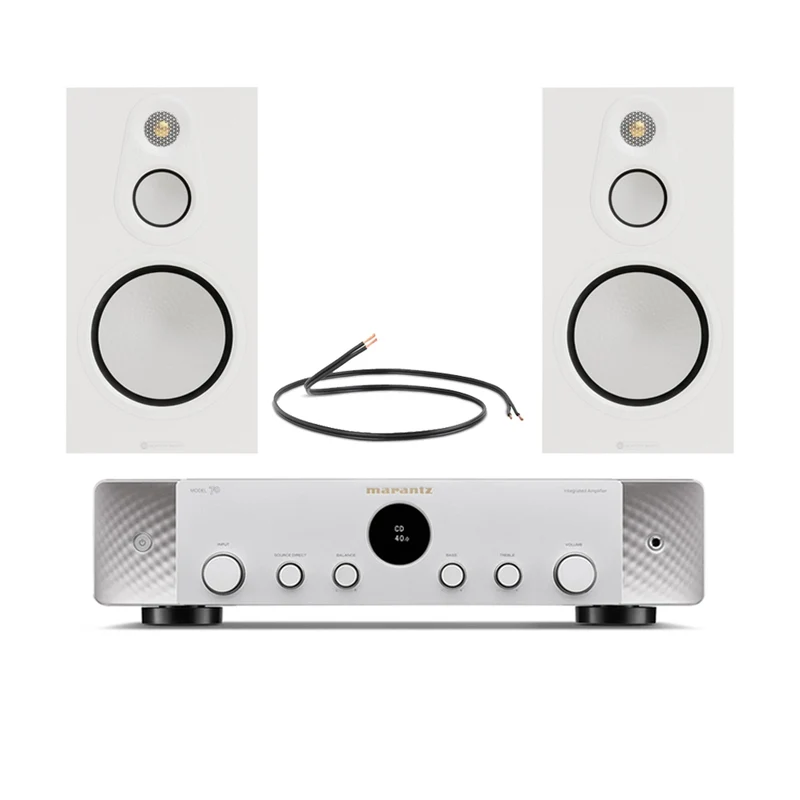 Marantz Model 70 Amplifier Silver with Monitor Audio Silver 100 8G Bookshelf Speakers Pair White HiFi Package