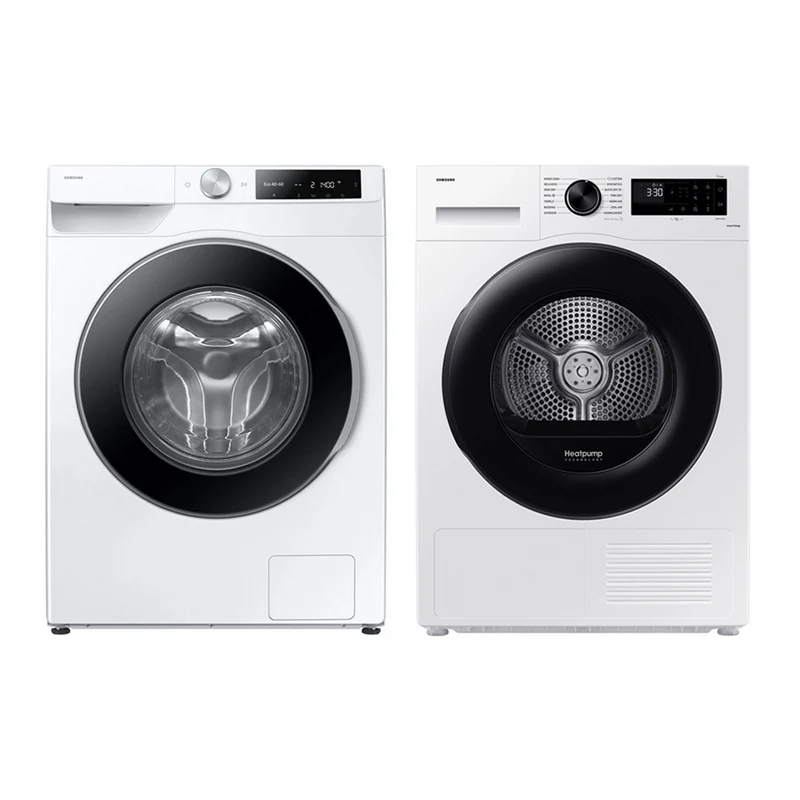 Samsung Series 6 WW90DG6U85LEU1 9kg 1400rpm Washing Machine & Series 5 DV90CGC0A0AEEU 9kg Heat Pump Tumble Dryer White