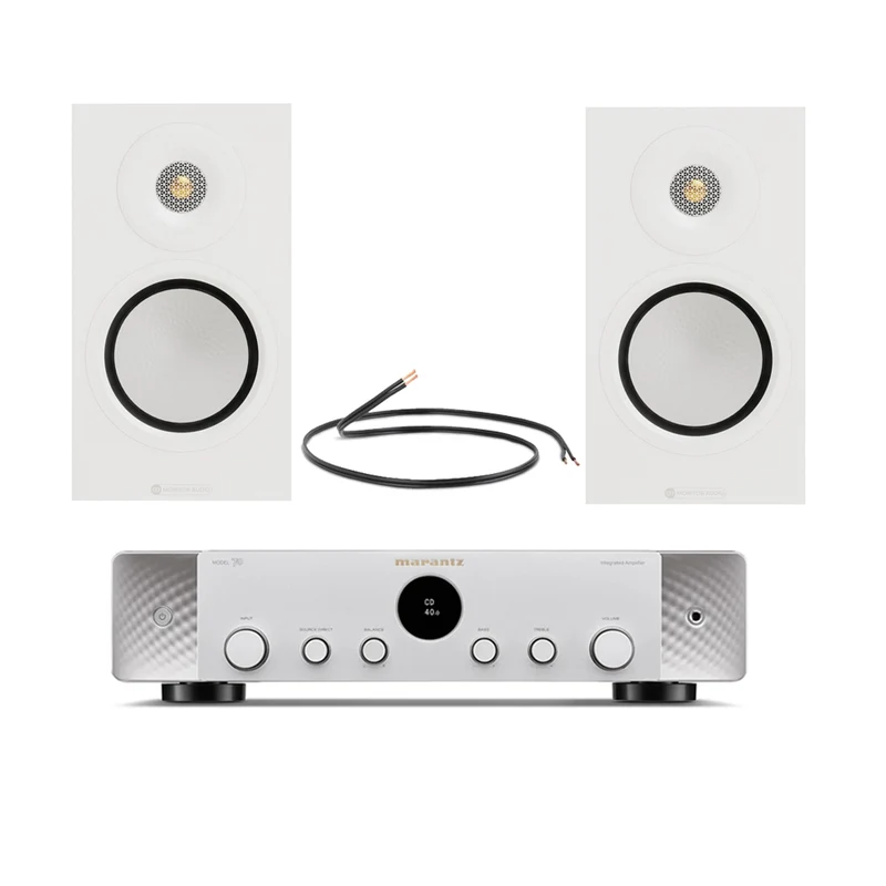 Marantz Model 70 Amplifier Silver with Monitor Audio Silver 50 8G Bookshelf Speakers Pair White HiFi Package