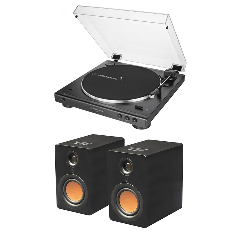 Audio Technica ATLP60XBT Bluetooth Turntable with Mitchell Acoustics uStream One (MK1) Active Speakers HiFi Package Black