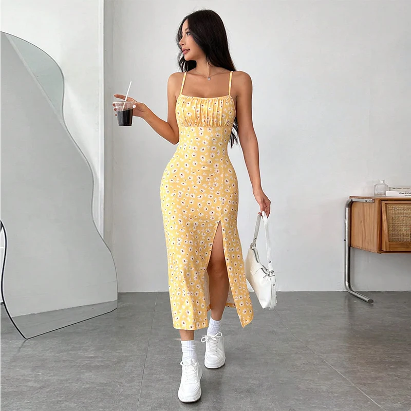 Sun Daze 'Daisy' Yellow Floral Slit Midi Dress