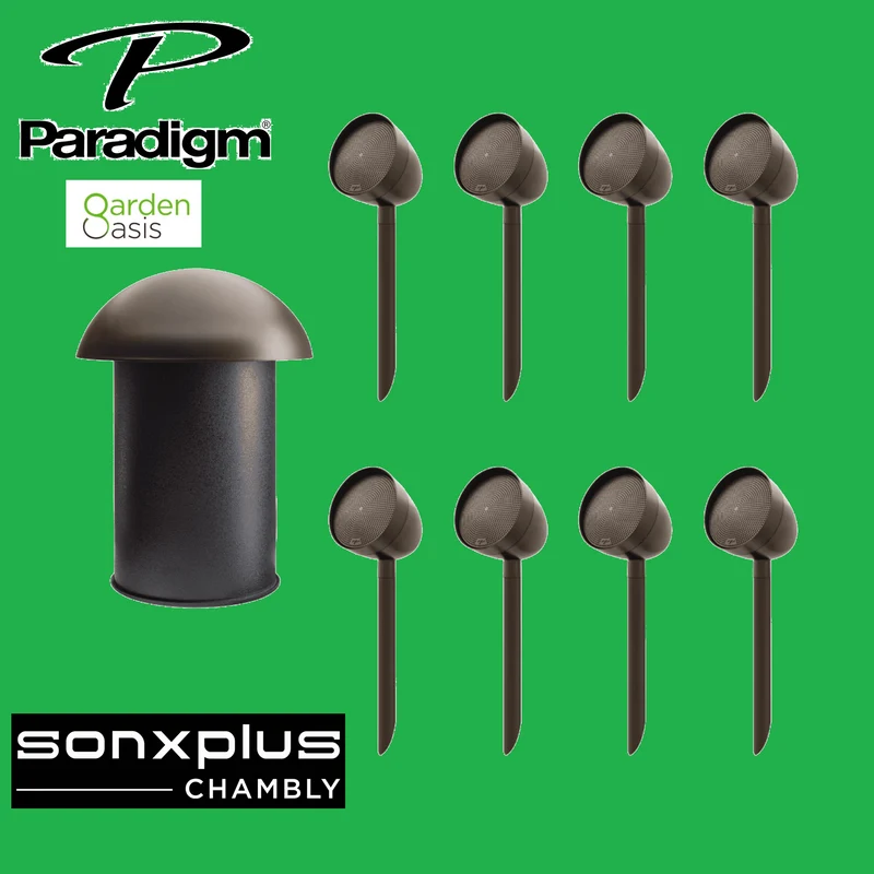Paradigm Garden Oasis Essentials System | Ensemble d'Haut-parleurs Extérieur - 8 Haut-parleurs - 1 Caisson de grave - Bronze