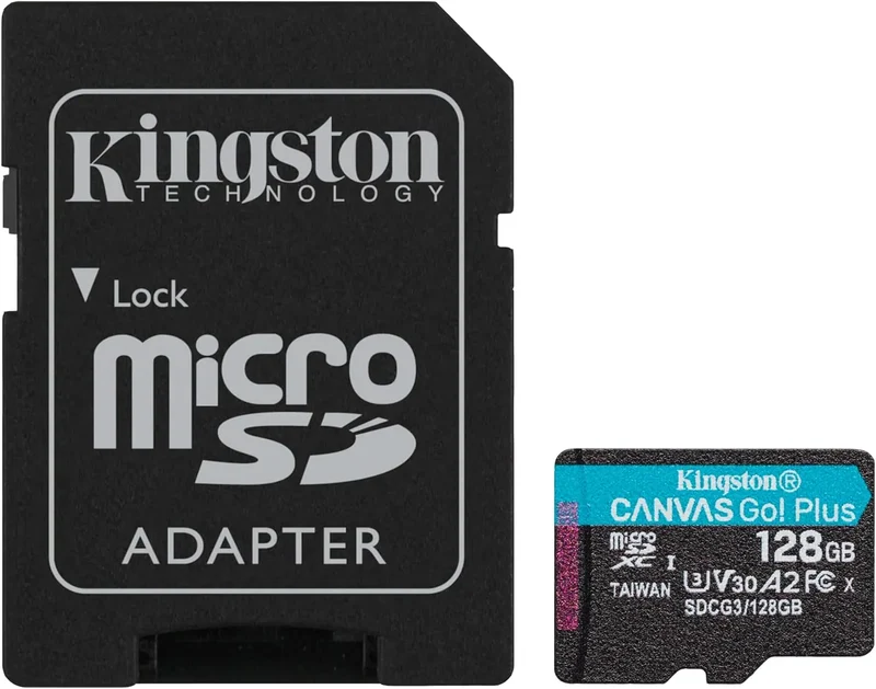Kingston Canvas Go Plus — Carte microSDXC 128 Go | 200 Mo/s | Gen4 | A2 U3 V30 + Adaptateur SD