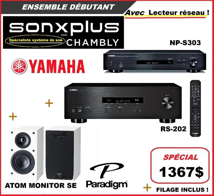 Yamaha et Paradigm | Ensemble audio haute-fidélité - Yamaha R-S202 - Yamaha NP-S303 - Paradigm Atom Monitor SE