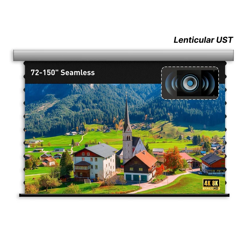 72"-150" Seamless WUPRO Cinema FlowArc Black Grid Lenticular Smart CLR Motorized Drop Down Projector Screen For UST Projector