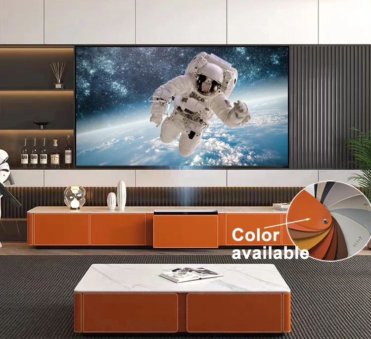 Customizable Saddle Leather WUPRO Cinema Motorised Smart Laser TV Cabinet With Floor Rising Screen For UST Projector