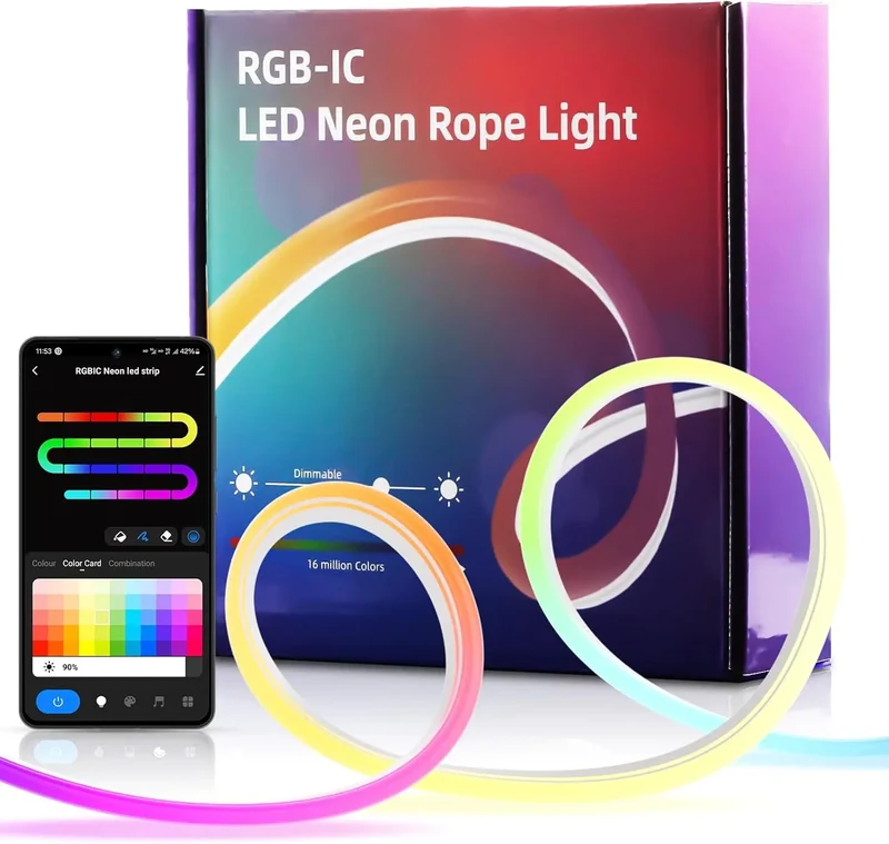 Neon Ruban LED 5m, Guirlande Lumineuse Néon avec RVB-IC, Bande Lumineuse LED avec Synchronisation de la Musique, Fonctionne avec Alexa, Assistant Google B0DG2715VY