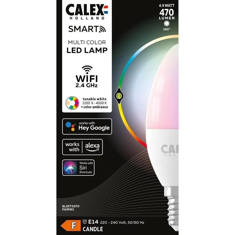 Calex Smart Tuya Wifi E14 Bougie 5W 470lm - 822-840 Variable Blanc | RGBW - Dimmable - Équivalent 40W