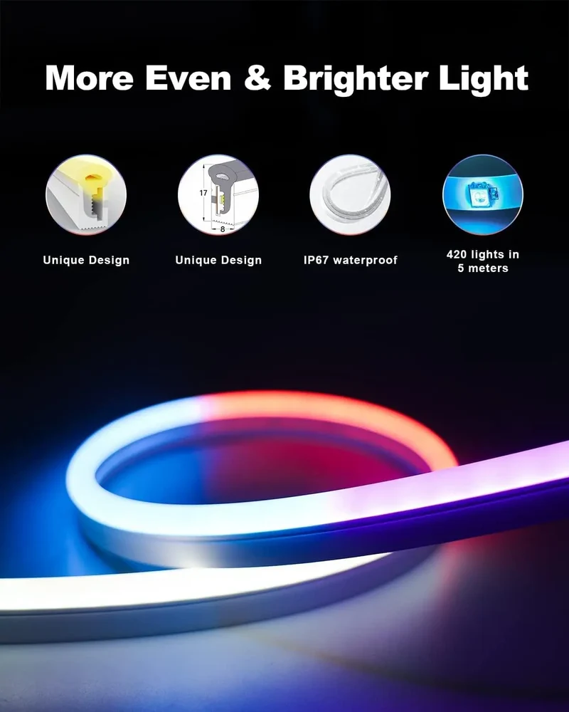 Neon Ruban LED 5m, Guirlande Lumineuse Néon avec RVB-IC, Bande Lumineuse LED avec Synchronisation de la Musique, Fonctionne avec Alexa, Assistant Google