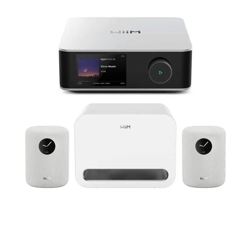 WiiM AMP ULTRA Streaming Amp Silver with WiiM Sound Mulitroom Speakers Pair & Sub Pro Subwoofer White HiFi Package