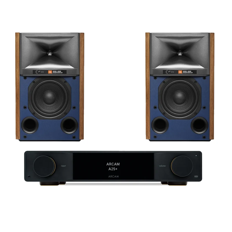 Arcam A25+ Integrated Amplifier Black with JBL 4309 Studio Monitor Bookshelf Speakers Walnut Pair