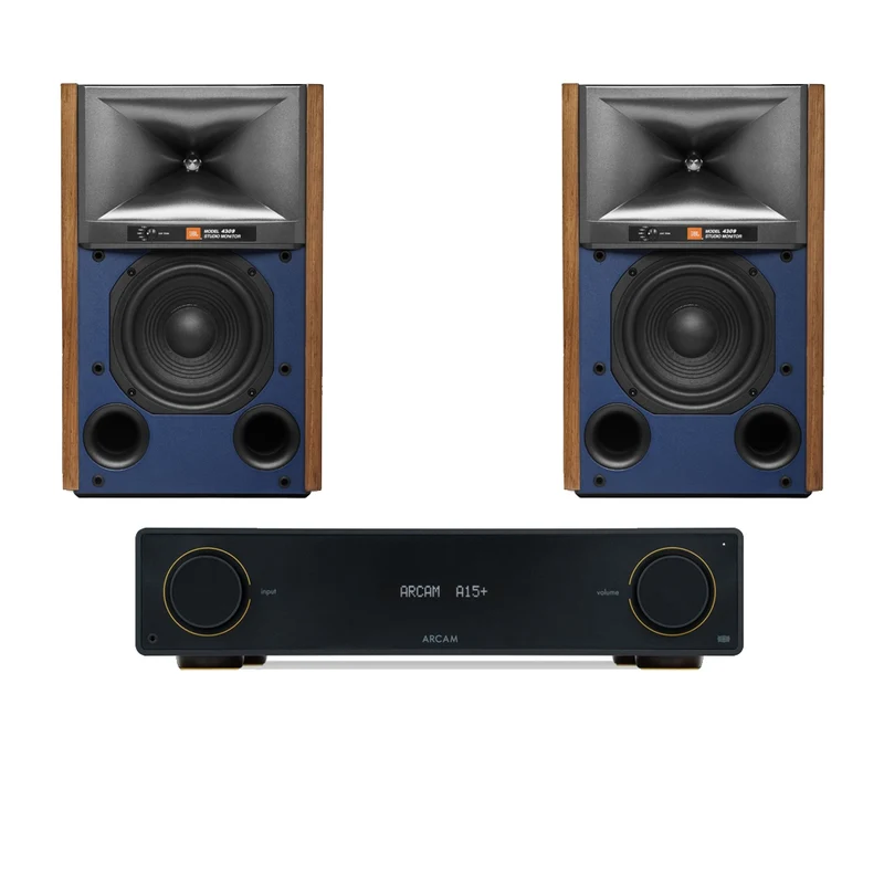 Arcam A15+ Integrated Amplifier Black with JBL 4309 Studio Monitor Bookshelf Speakers Walnut Pair
