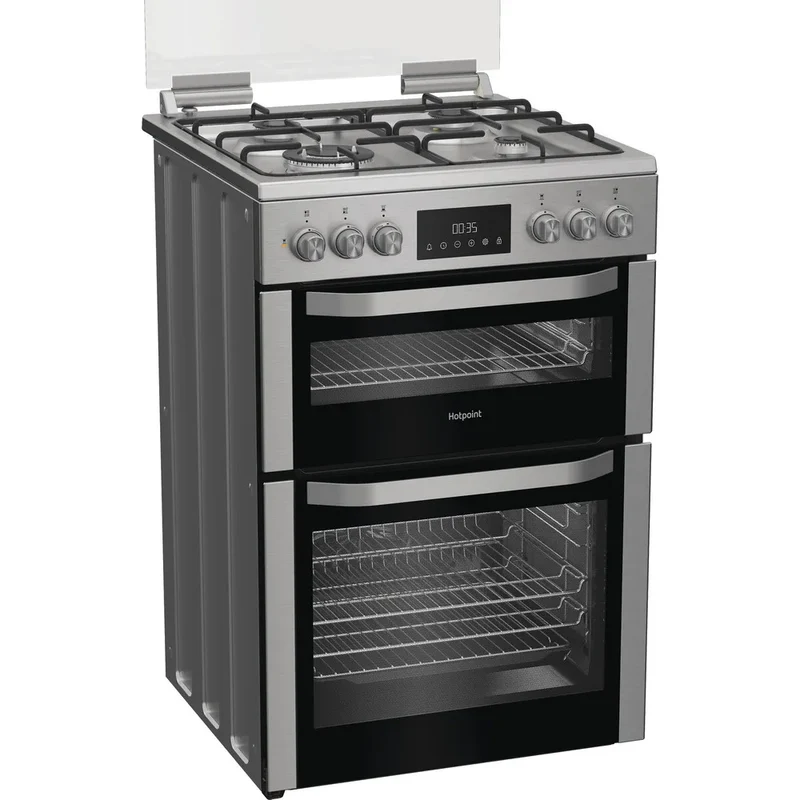 Hotpoint HDD6GDC2WX 60cm Dual Fuel Double Cooker with Glass Lid Stainless Steel