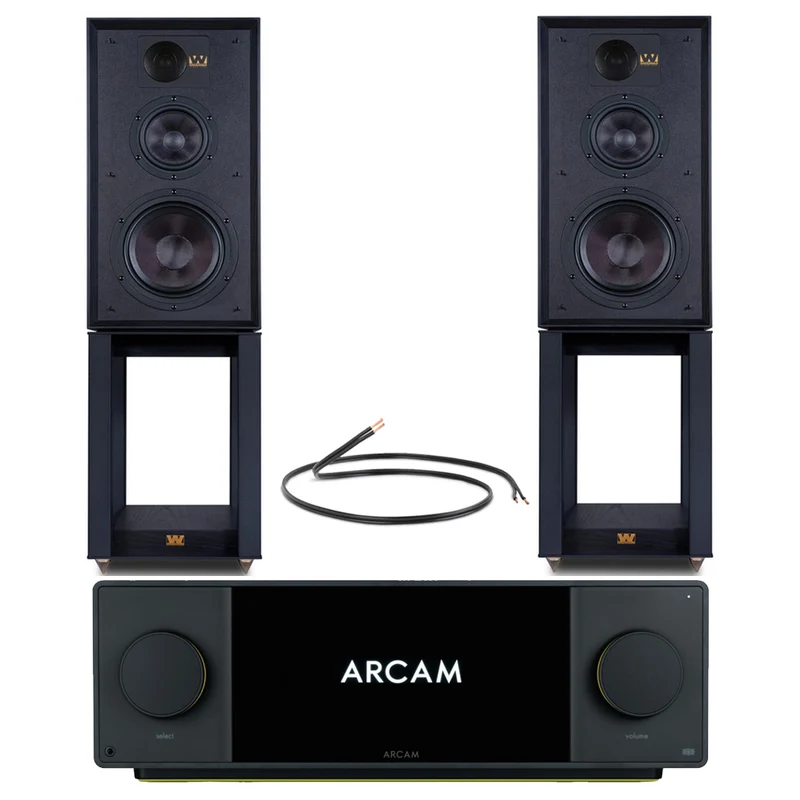 Arcam Radia SA45 Streaming Amplifier with Wharfedale Linton Heritage Standmount Speakers with Matching Stands - Black