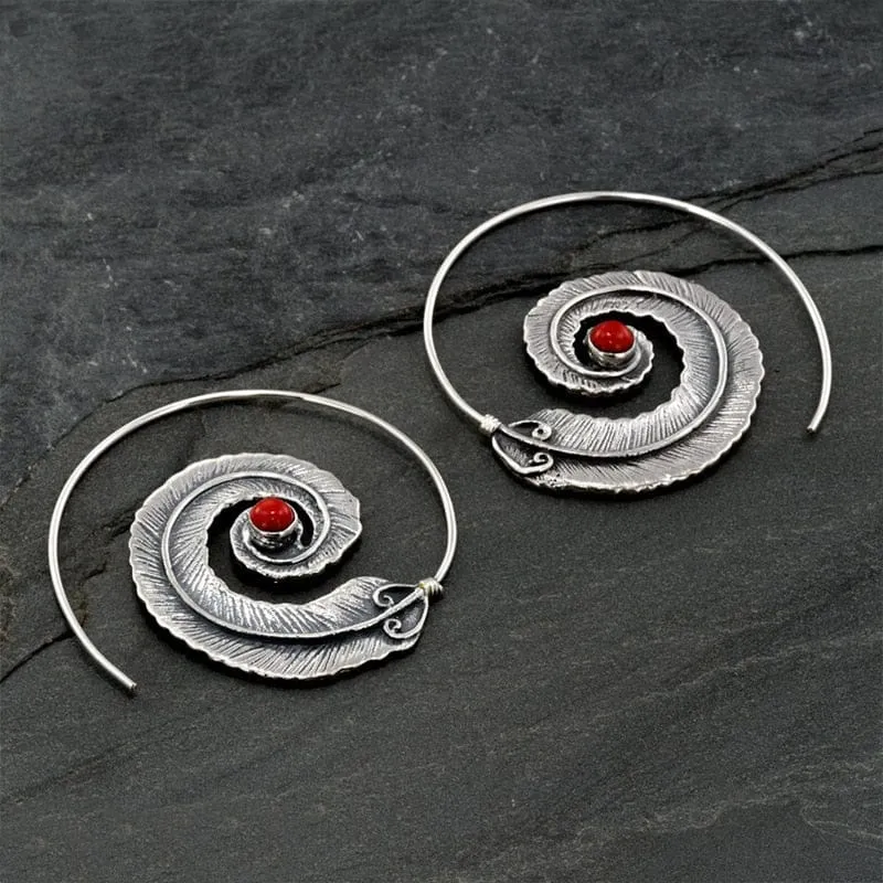 Spiral Feather Hoop Earrings - Red Coral/ Turquoise Stone