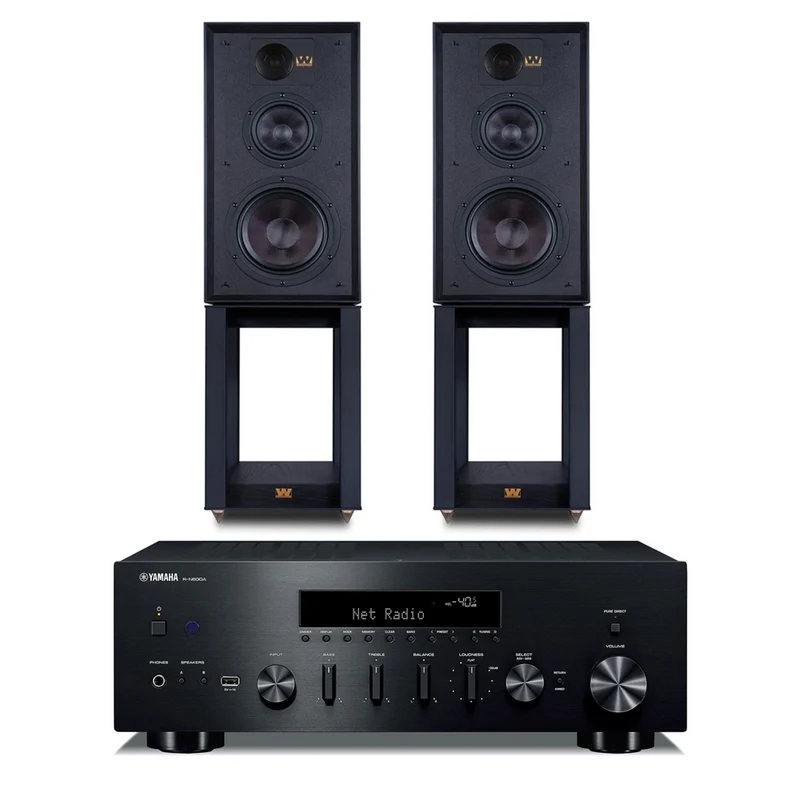 Yamaha R-N600A Network Receiver with Wharfedale Linton Heritage Standmount Speakers with Matching Stands - Black