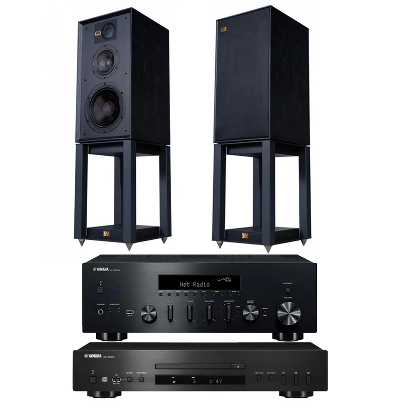 Yamaha R-N600A Network Receiver & CD-S303 CD Player with Wharfedale Linton Heritage Standmount Speakers with Matching Stands - Black