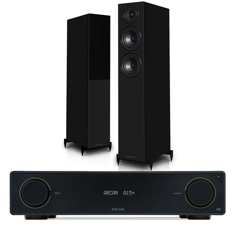 Arcam A15+ Integrated Amplifier with Wharfedale Diamond 12.4i Floorstanding Speakers – Black