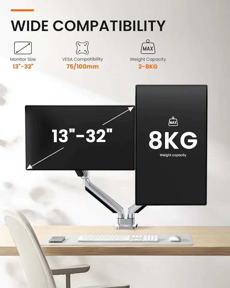 ErGear Bras de Moniteur Double 13"-32" LCD/LED Ressort à Gaz Full Motion